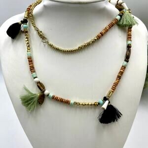 Lisa Robertson Wood Beaded Multicolor‎ Tassel Bohemian Gold Tone Necklace New